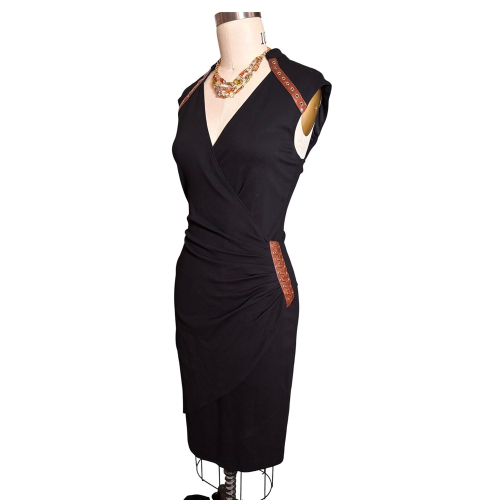 Cache Faux Wrap Dress Womens 10 Black Excellent Grommet Leather Trim Sheath